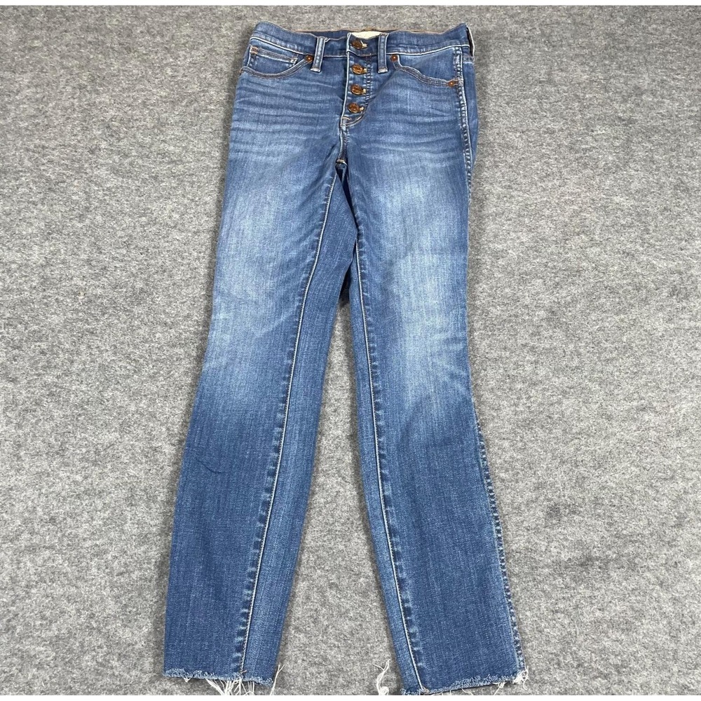 Madewell Jeans Womens 24 Blue Denim High Rise Skinny Crop Button Fly Fringe Cute
